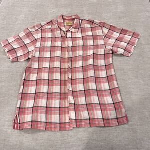 Tommy Bahama L 100% Linen Short Sleeve Pink Plaid Shirt Beach Vacation Coastal